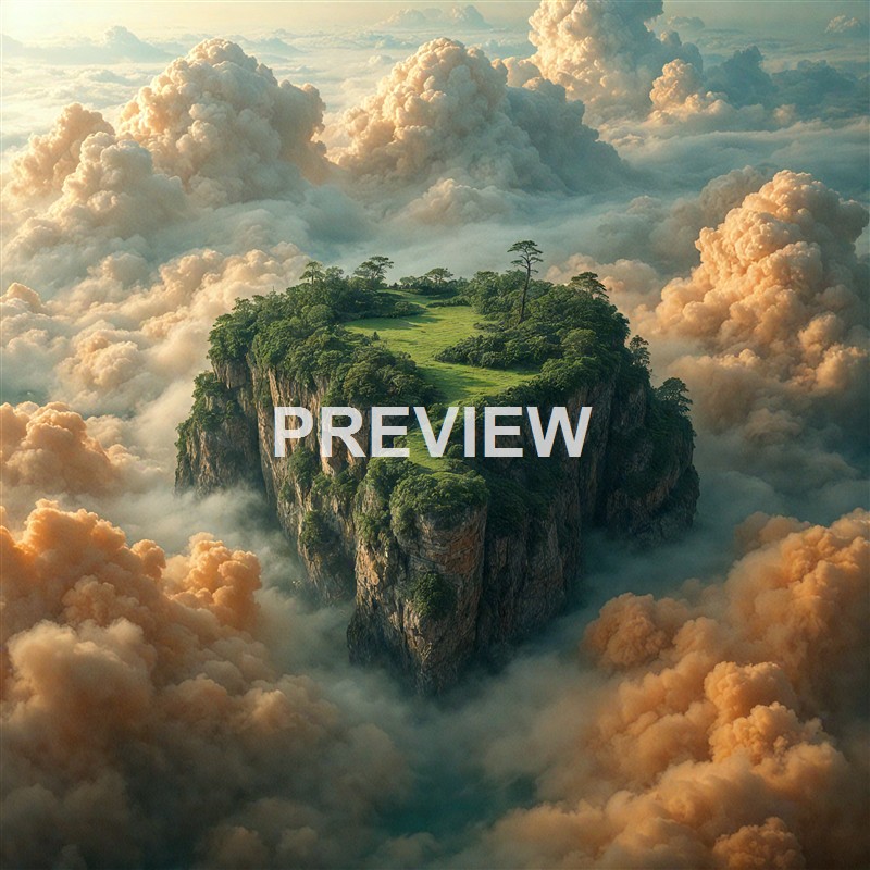 A lush green floating island with trees and grass, surrounded by clouds and set against a sky filled with large, billowing clouds.